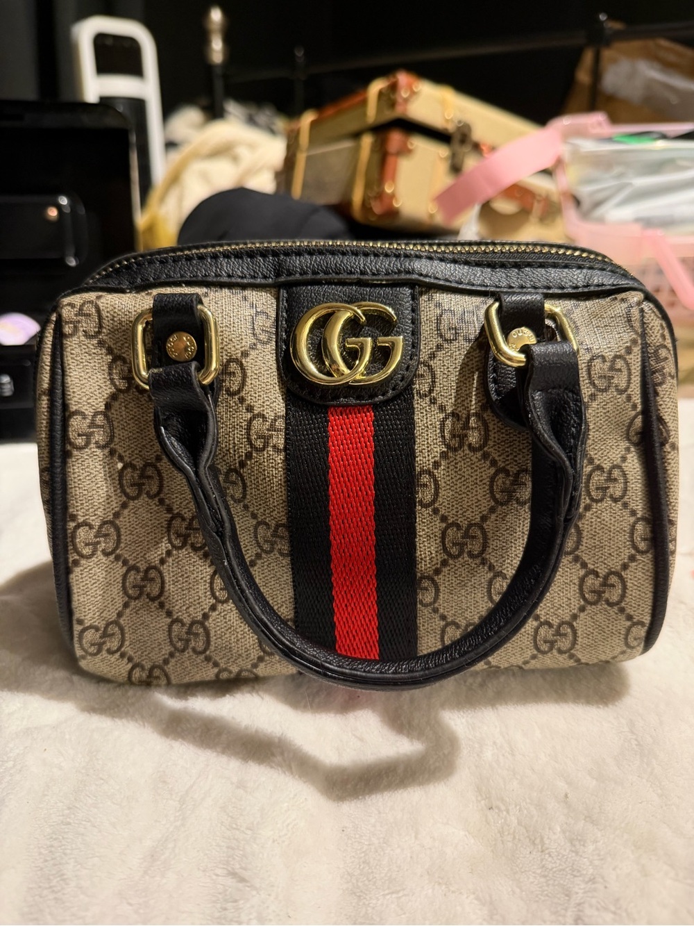 Gucci Mini Top Handle Bag in Beige with Red & Black Web Stripe offers open